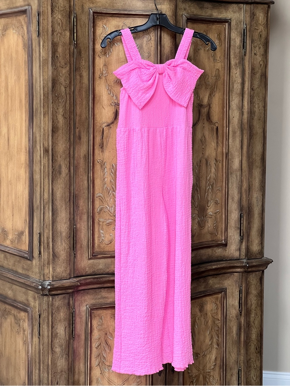 Zara Girls Hot Pink Textured Bow Wide Leg Jumpsuit Crinkle Stretch NWT Sz 13/14